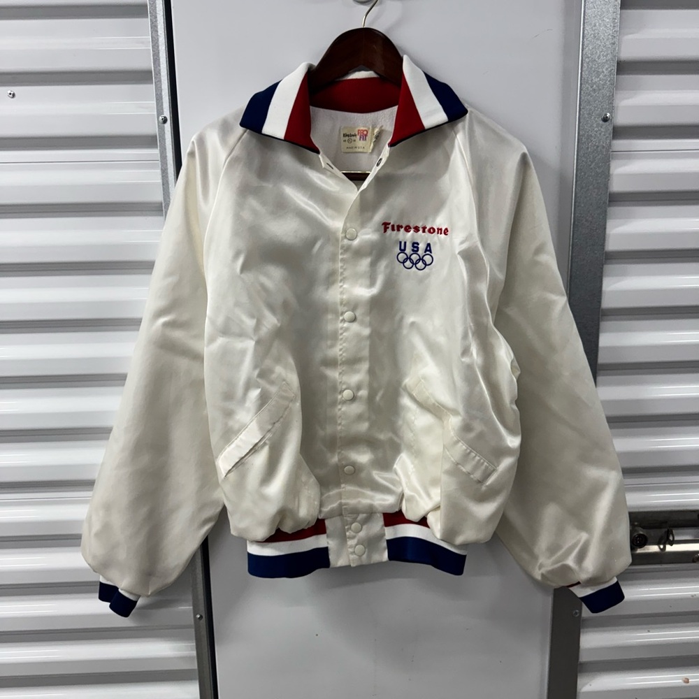 Vintage King Louie USA Team Olympics Firestone Bomber Jacket White Mens XL 80s‎ - Picture 2 of 10